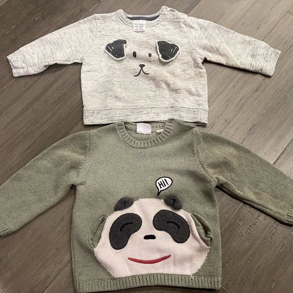 Lot of 2 - Zara Baby Boy Gray and Olive Animal Face Sweatshirt / Sweater 12-18m